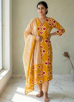 Mustard staright cotton kurta pant with dupatta 1