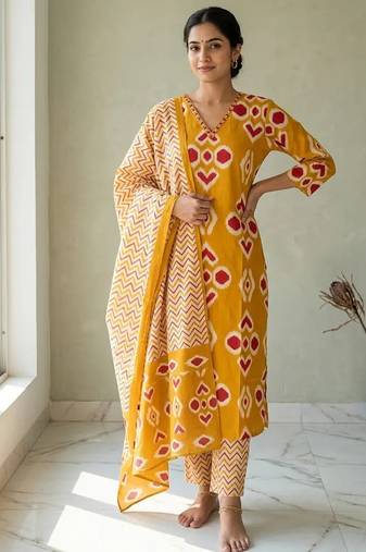 Mustard staright cotton kurta pant with dupatta