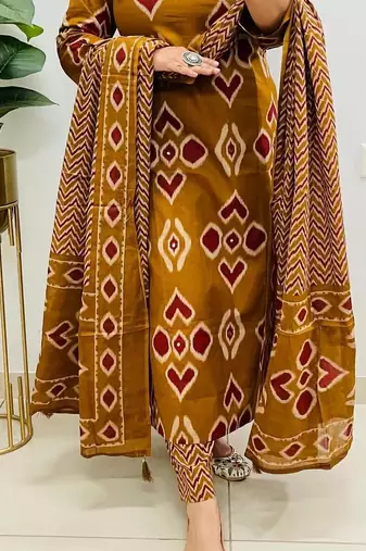 Mustard staright cotton kurta pant with dupatta