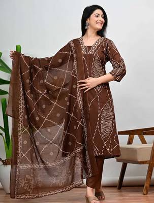 Brown bandhani print a-line cotton kurta pant with dupatta 1