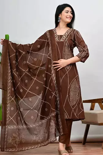 Brown bandhani print a-line cotton kurta pant with dupatta