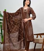 Brown bandhani print a-line cotton kurta pant with dupatta