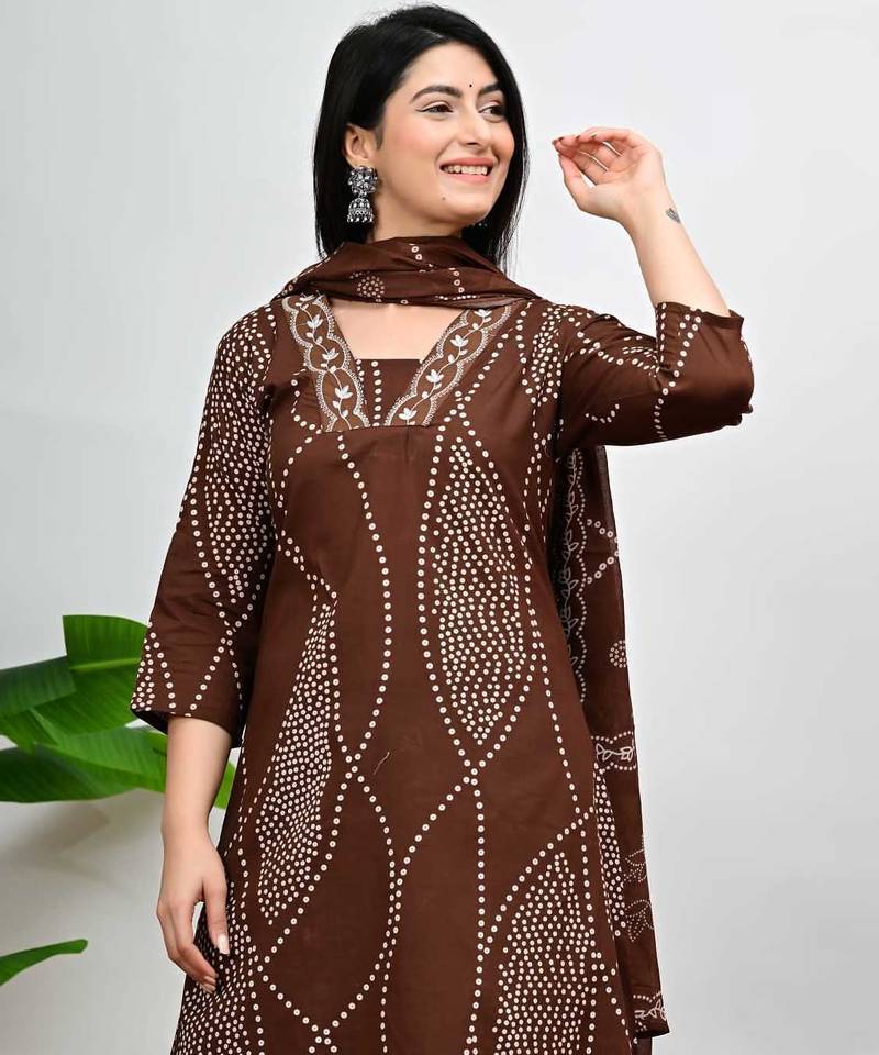 Brown bandhani print a-line cotton kurta pant with dupatta