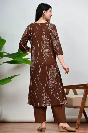Brown bandhani print a-line cotton kurta pant with dupatta
