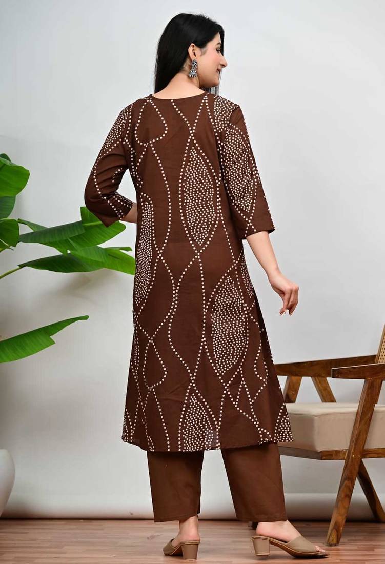 Brown bandhani print a-line cotton kurta pant with dupatta