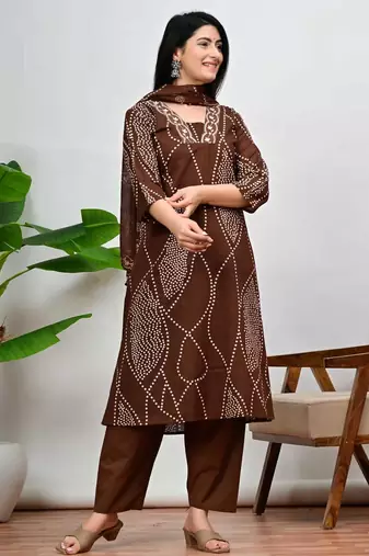 Brown bandhani print a-line cotton kurta pant with dupatta