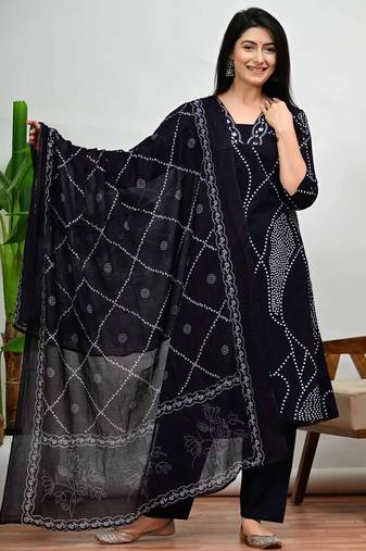 Dark blue bandhani print a-line cotton kurta pant with dupatta