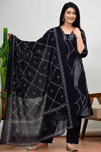 Dark blue bandhani print a-line cotton kurta pant with dupatta