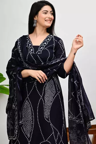 Dark blue bandhani print a-line cotton kurta pant with dupatta