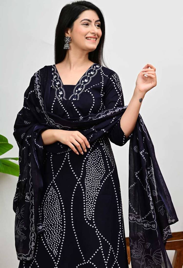 Dark blue bandhani print a-line cotton kurta pant with dupatta