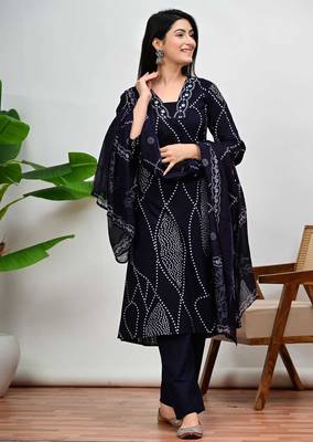 Dark blue bandhani print a-line cotton kurta pant with dupatta 3