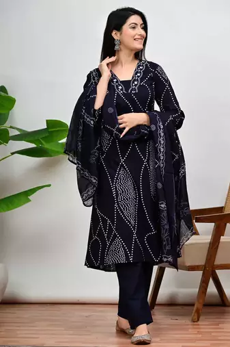 Dark blue bandhani print a-line cotton kurta pant with dupatta