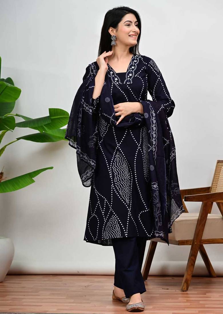 Dark blue bandhani print a-line cotton kurta pant with dupatta