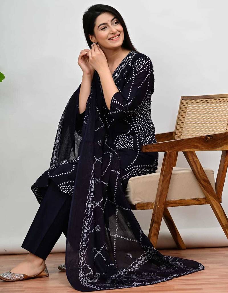 Dark blue bandhani print a-line cotton kurta pant with dupatta