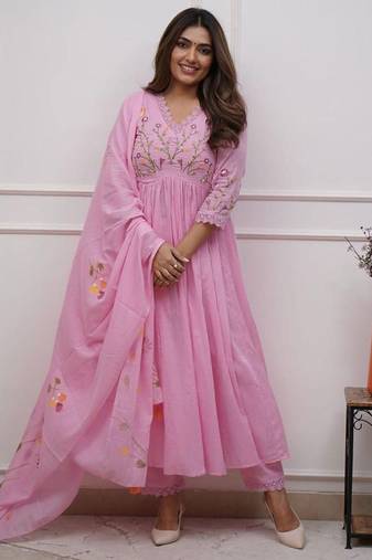 Light pink embroidered print a-line cotton kurta pant with dupatta
