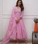 Light pink embroidered print a-line cotton kurta pant with dupatta