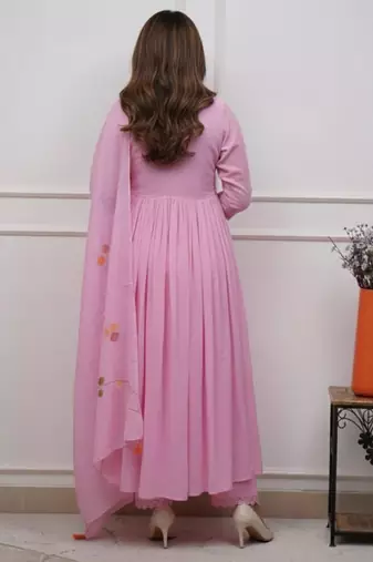 Light pink embroidered print a-line cotton kurta pant with dupatta