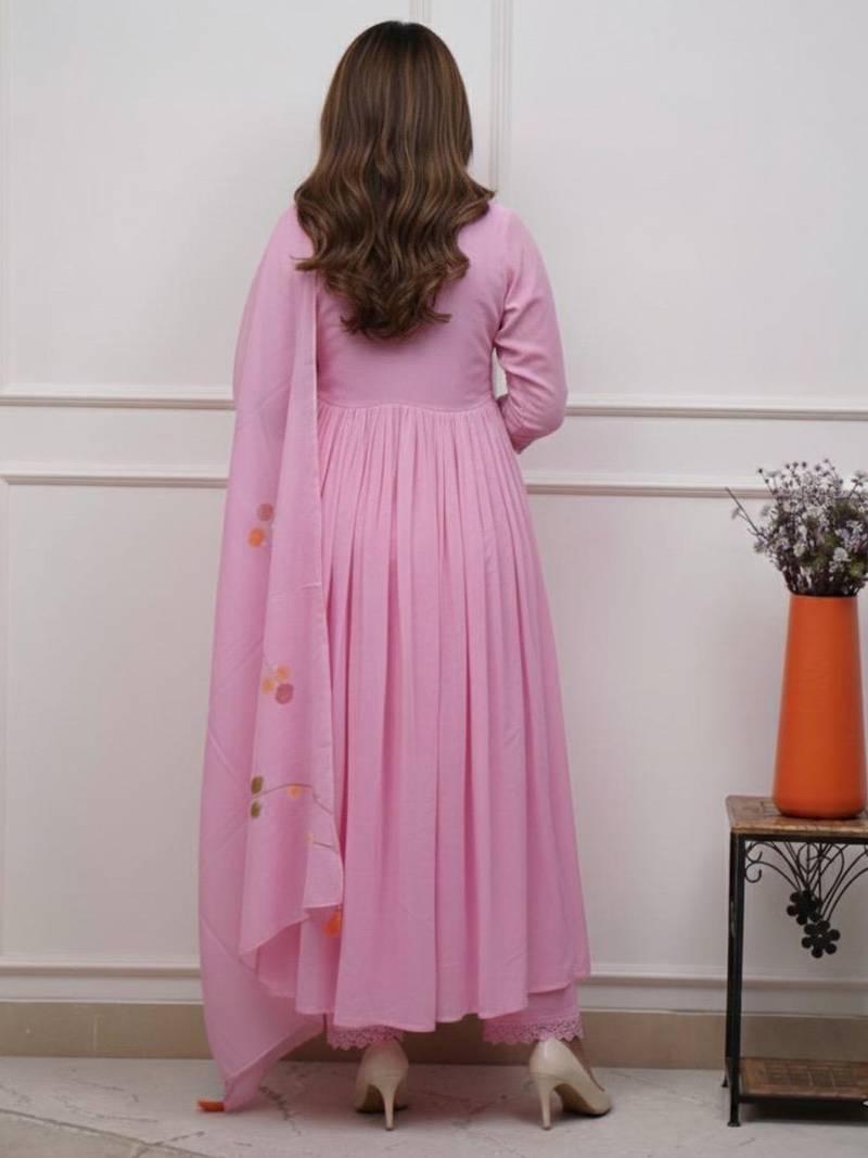 Light pink embroidered print a-line cotton kurta pant with dupatta