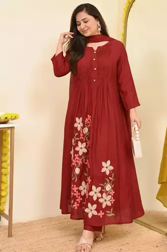 Maroon embroidered print a-line cotton kurta pant with dupatta