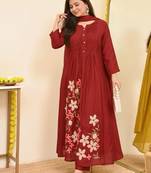 Maroon embroidered print a-line cotton kurta pant with dupatta