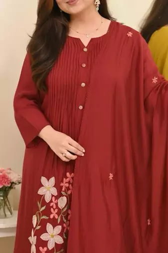 Maroon embroidered print a-line cotton kurta pant with dupatta