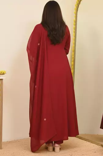 Maroon embroidered print a-line cotton kurta pant with dupatta