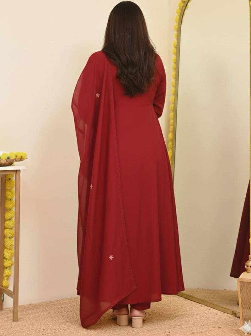 Maroon embroidered print a-line cotton kurta pant with dupatta