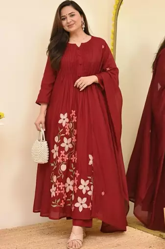 Maroon embroidered print a-line cotton kurta pant with dupatta