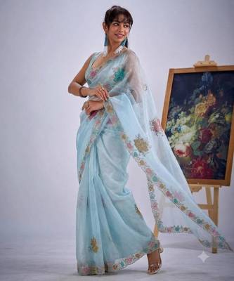 Sea green organza printed saree 2