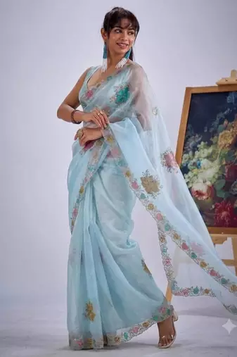 Sea green organza printed saree
