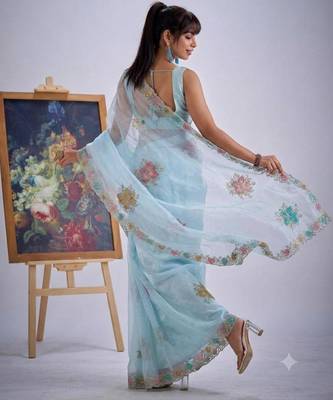 Sea green organza printed saree 3