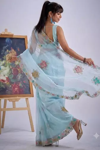 Sea green organza printed saree