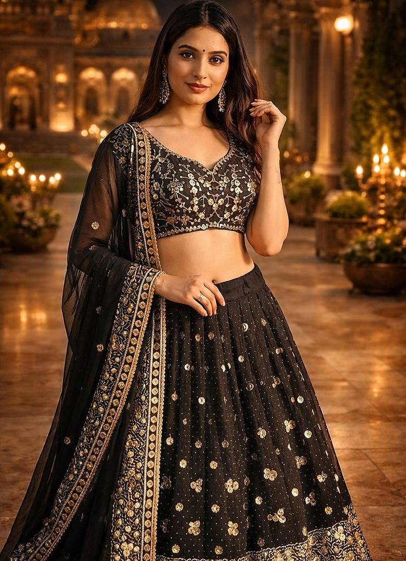 Designer Black Sequins Embroidered Lehenga Set