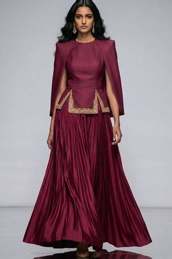 Wine Embroidered Crepe Indo Western Lehenga Set