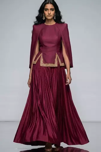 Wine Embroidered Crepe Indo Western Lehenga Set
