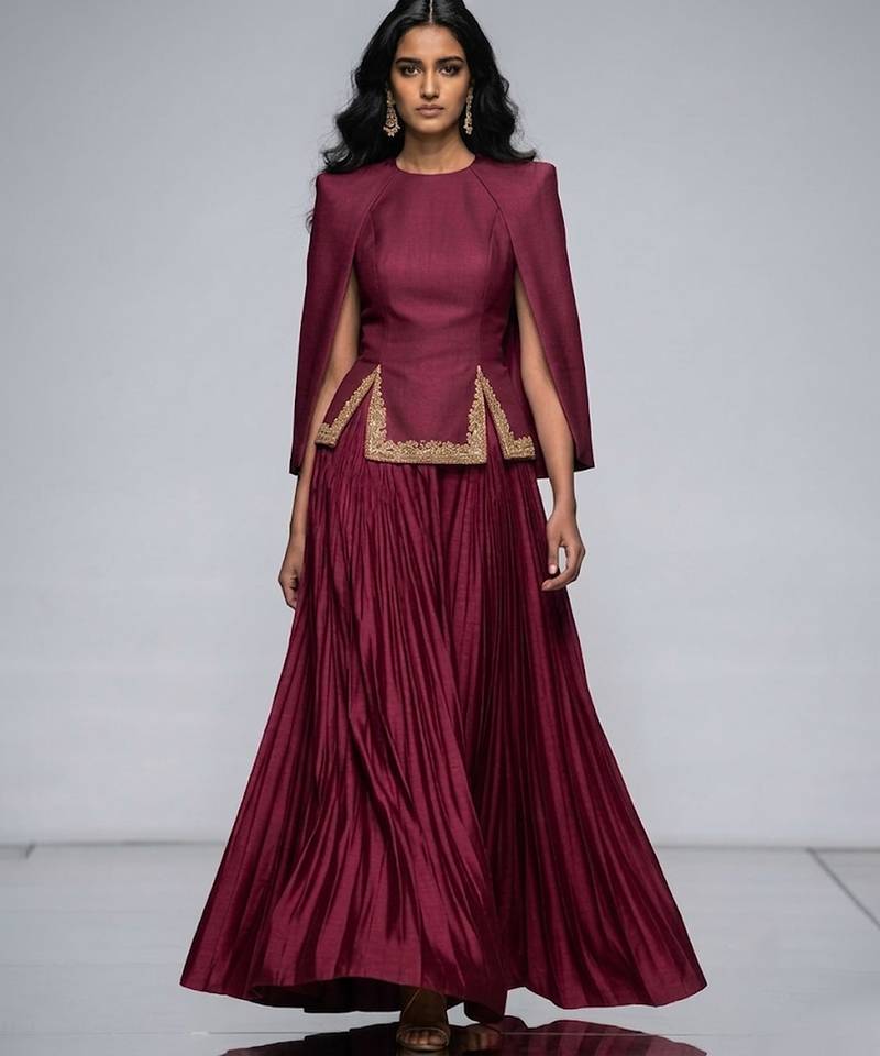 Wine Embroidered Crepe Indo Western Lehenga Set