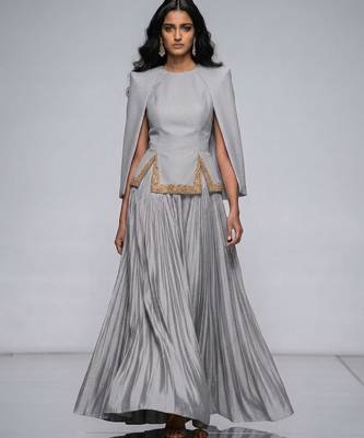 Silver Grey Embroidered Crepe Indo Western Lehenga Set 1