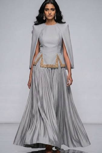 Silver Grey Embroidered Crepe Indo Western Lehenga Set