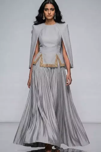 Silver Grey Embroidered Crepe Indo Western Lehenga Set
