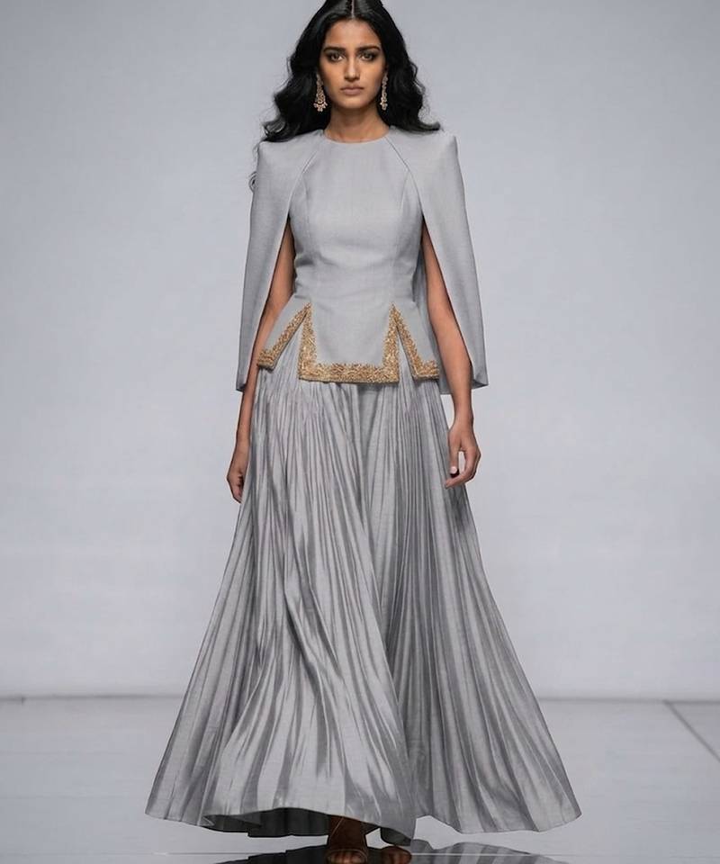 Silver Grey Embroidered Crepe Indo Western Lehenga Set