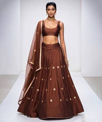 Brown Embroidered Dupion Silk Lehenga Set 1