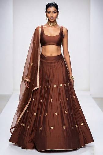 Brown Embroidered Dupion Silk Lehenga Set