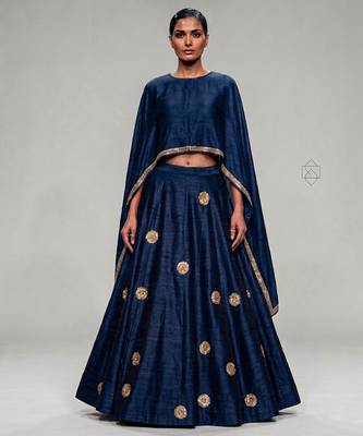 Navy Blue Embroidered Dupion Silk Cape Lehenga Set 1