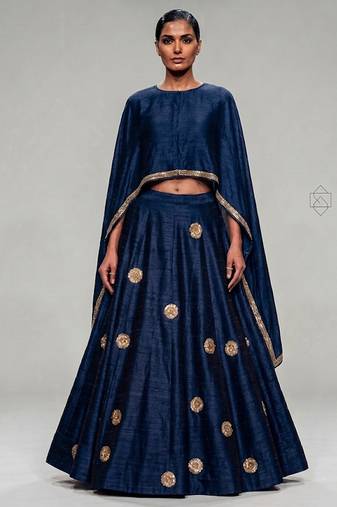 Navy Blue Embroidered Dupion Silk Cape Lehenga Set