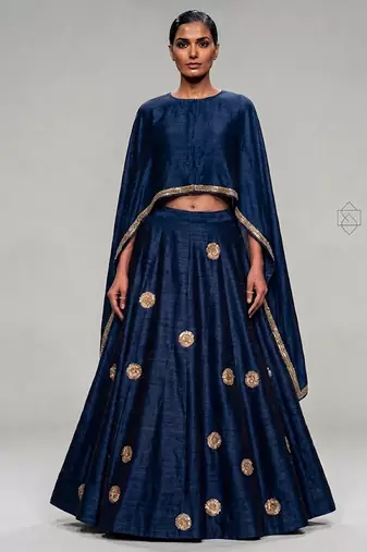 Navy Blue Embroidered Dupion Silk Cape Lehenga Set