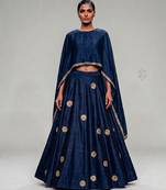 Navy Blue Embroidered Dupion Silk Cape Lehenga Set