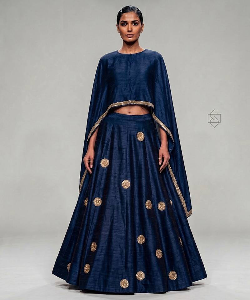 Navy Blue Embroidered Dupion Silk Cape Lehenga Set