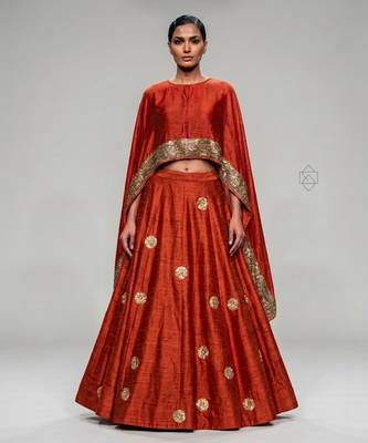 Rust Orange Embroidered Dupion Silk Cape Lehenga Set 1