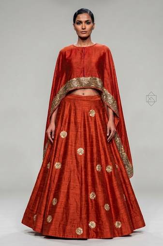Rust Orange Embroidered Dupion Silk Cape Lehenga Set