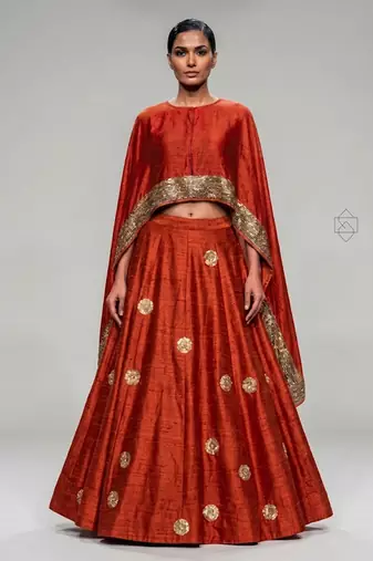 Rust Orange Embroidered Dupion Silk Cape Lehenga Set